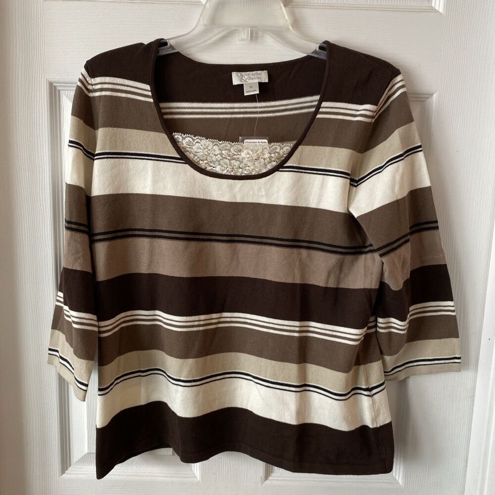 Christopher & Banks Sweater Women’s Size XL NWT Striped Scoop Neck Lace